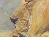 an oil painting of a lion laying down on the ground