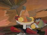 a painting of a bowl of fruit on a table