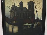 an image of a painting of a building with a car parked in front of it