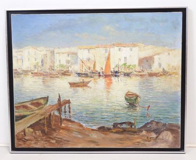 a painting of a harbor scene with boats in the water