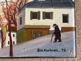 a painting of a man walking down the street with a cane