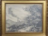 une vieille peinture représentant un château au milieu d'un paysage enneigé