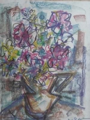 un dessin d'un vase de fleurs sur une table