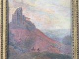 painting of a landscape with a castle in the distance and a horse drawn carriage in the foreground
