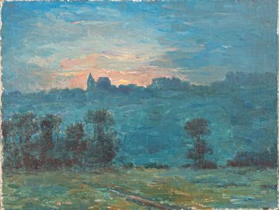 an oil painting of a landscape with a castle in the distance