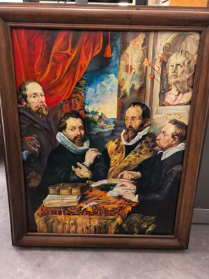 une peinture à l'huile représentant un groupe d'hommes assis autour d'une table