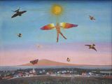 a painting of a man that is flying in the sky