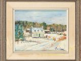un tableau représentant un paysage enneigé avec une maison et des personnages dans la neige