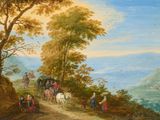 tableau représentant un groupe de personnes à cheval sur un chemin de terre