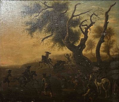 tableau représentant un groupe d'hommes à cheval dans un paysage boisé