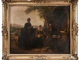 une peinture à l'huile représentant une famille dans un décor boisé, en compagnie d'un chien