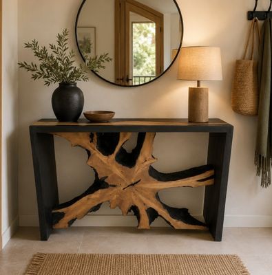 une table en bois sur laquelle se trouvent un miroir et un vase