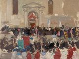 an oil painting of a crowd of people in front of a church