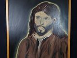 tableau représentant un homme aux cheveux longs et à la barbe, vêtu d'une veste marron