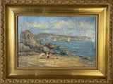 une image représentant un tableau représentant une scène de plage avec des personnes sur le rivage