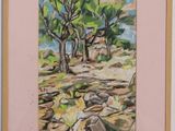 a picture of a painting of some trees in the woods