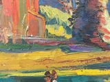 an oil painting of a woman walking down a path in a park