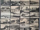 several black and white photos of a bunch of old trains