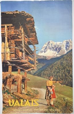 an old poster of a couple standing in front of a wooden cabin