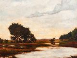 peinture d'un paysage avec une rivière et des arbres au premier plan