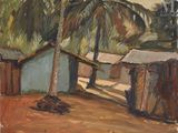 une image représentant un tableau où l'on voit un palmier devant une cabane