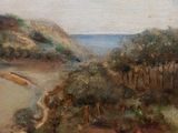 painting of a view of a beach with houses and a body of water