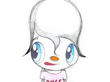 dessin de bande dessinée représentant une fille vêtue d'un t-shirt rose, aux yeux bleus, sur lequel est inscrit le mot « once »