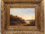 a painting of a landscape with trees and a river in the background