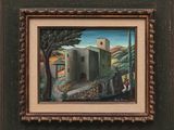 an oil painting of a castle on a hill with a tree in the foreground