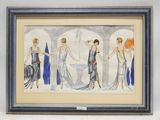 une image représentant une aquarelle représentant quatre femmes en robe de soirée