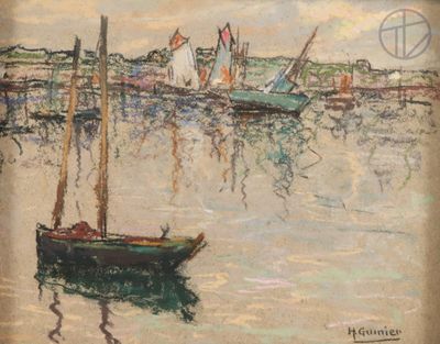 a painting of a boat in the water with other boats in the background