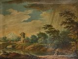 un vieux tableau représentant un homme et une femme traversant une rivière à pied