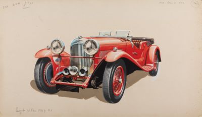 painting of an old red car on a beige background