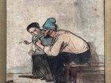 tableau représentant un homme et une femme assis sur un banc, regardant quelque chose