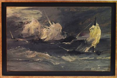 an oil painting of a man on a boat in the ocean