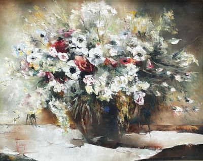une peinture représentant un vase de fleurs sur une table