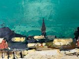 a painting of people walking on a beach near the ocean