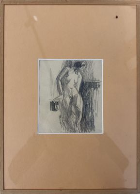 framed drawing of a nude woman standing on a ledge