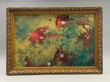 an oil painting of flowers in a gold frame on a white background