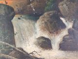 a painting of a waterfall with birds flying over it