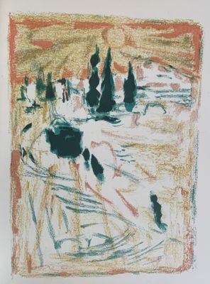 l'image d'un dessin d'un paysage avec des arbres au premier plan