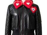 black leather jacket with red fur collar and pink skirt
