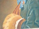 a painting of a woman holding a dog in her lap
