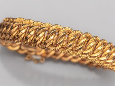 Ancien Bracelet Gourmette En Maille minéraux quartz rose et plaquer or