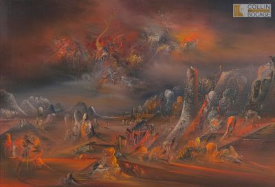 une peinture à l'huile représentant une scène de désert avec de nombreux animaux