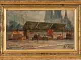 une peinture à l'huile représentant une scène de rue avec une calèche au premier plan