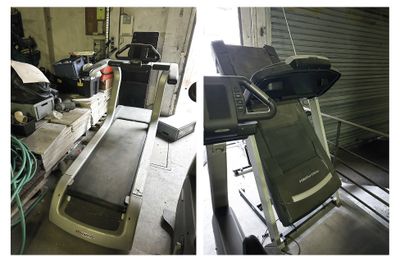 two pictures of a treadmill in a garage