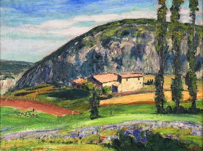 a painting of a hill with a house and trees in the foreground