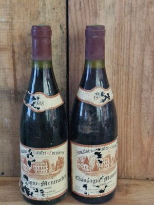 two bottles of wine sitting next to each other on a wooden table
