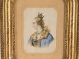 an old picture of a woman in a blue dress with a crown on her head